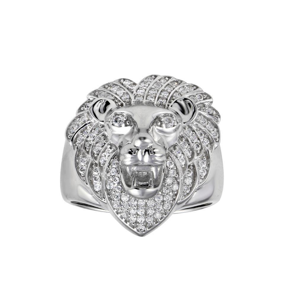 Sterling Silver Rhodium Plated Lion CZ Ring - silverdepot