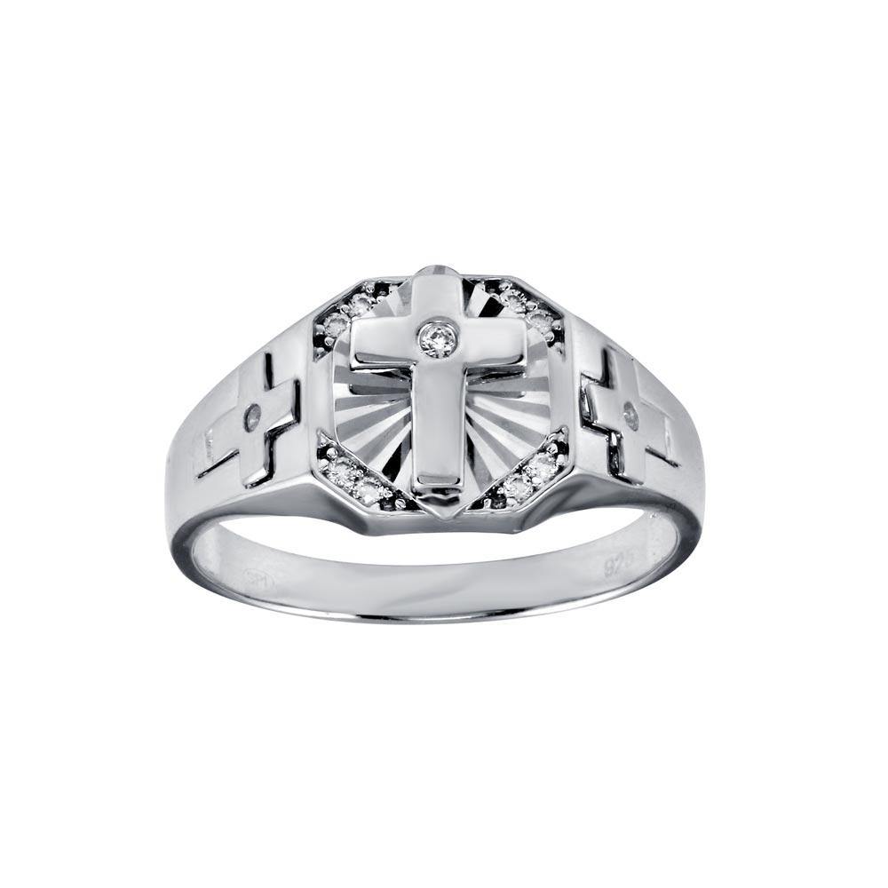 Sterling Silver Rhodium Plated Cross CZ Ring - silverdepot