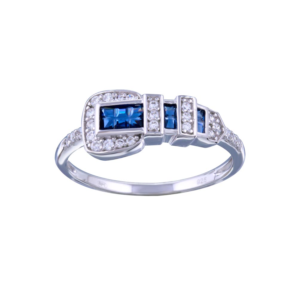 Sterling Silver Rhodium Plated Blue And Clear CZ Belt Ring