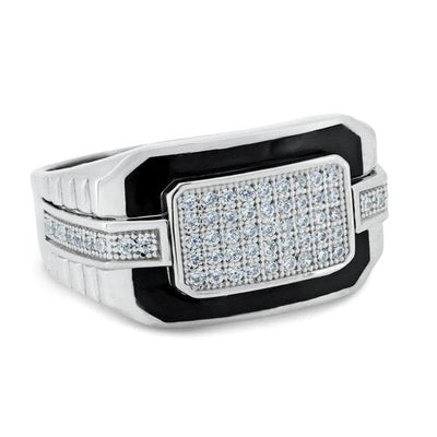 Sterling Silver Rhodium Plated Multi Row CZ Black Enamel Ring
