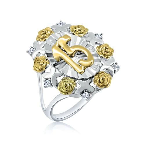 Sterling Silver Rhodium Plated Diamond Cut Quinceanera Flower Ring