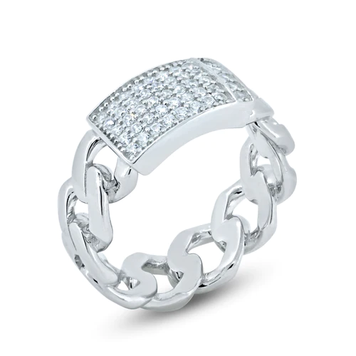 Sterling Silver Rhodium Plated CZ Encrusted ID Cuban Link Ring