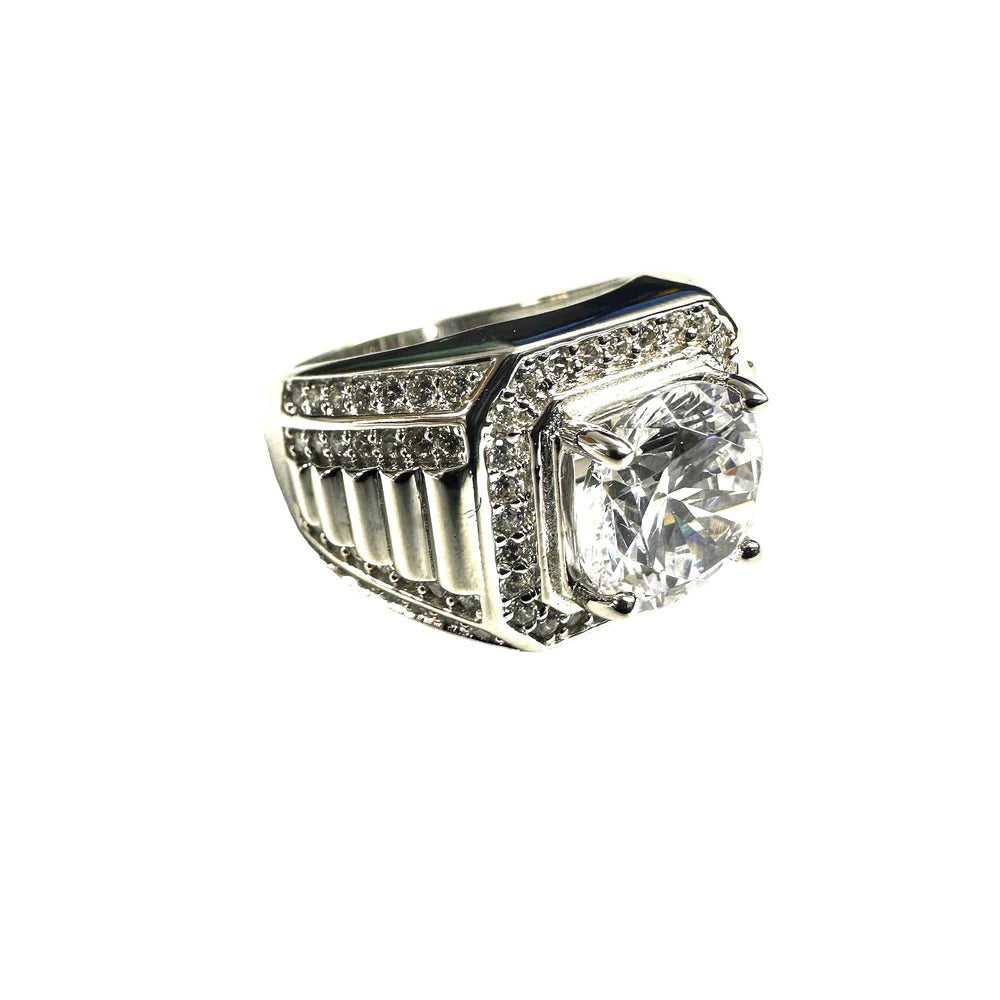 Sterling Silver Rhodium Plated Studded Small CZ and Large Center Clear CZ Ring-9mm
