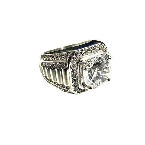 Sterling Silver Rhodium Plated Studded Small CZ and Large Center Clear CZ Ring-9mm