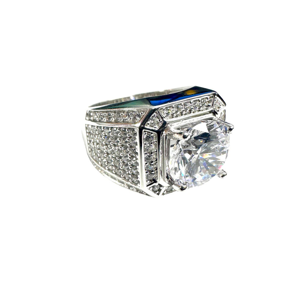 Sterling Silver Rhodium Plated Statement Studded Small and Top Clear CZ Ring-10mm