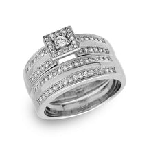 Load image into Gallery viewer, Sterling Silver Rhodium Plated  Round Square Center Trio Bridal RingAnd Ring Dimensions 11mm x 19mm