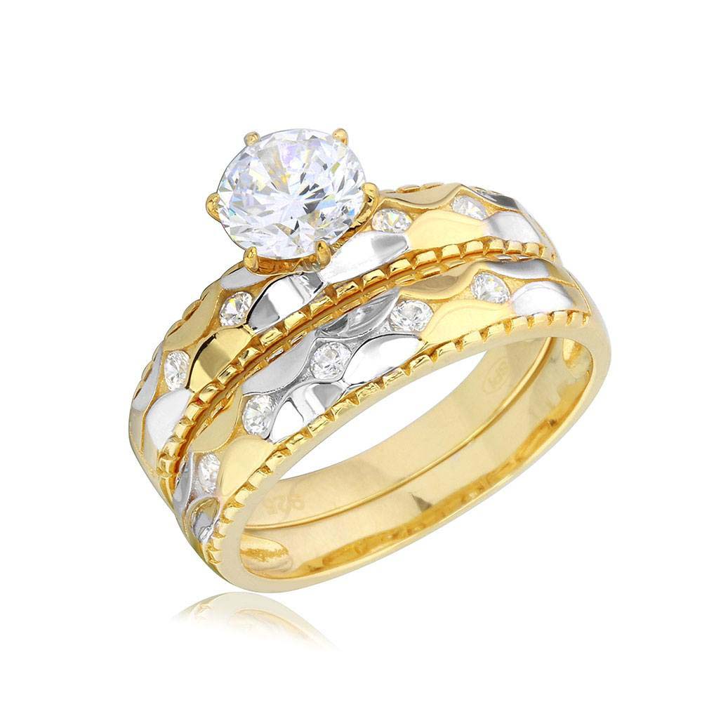 Sterling Silver 2 Toned RhodiumAndGold Plated Hammered CZ  Wedding RingAnd Center Stone Width 6mm