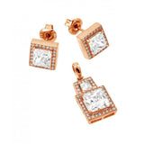 Sterling Silver Rose Gold Plated Clear Square Micro Pave CZ Stud Earring and Dangling Necklace Set