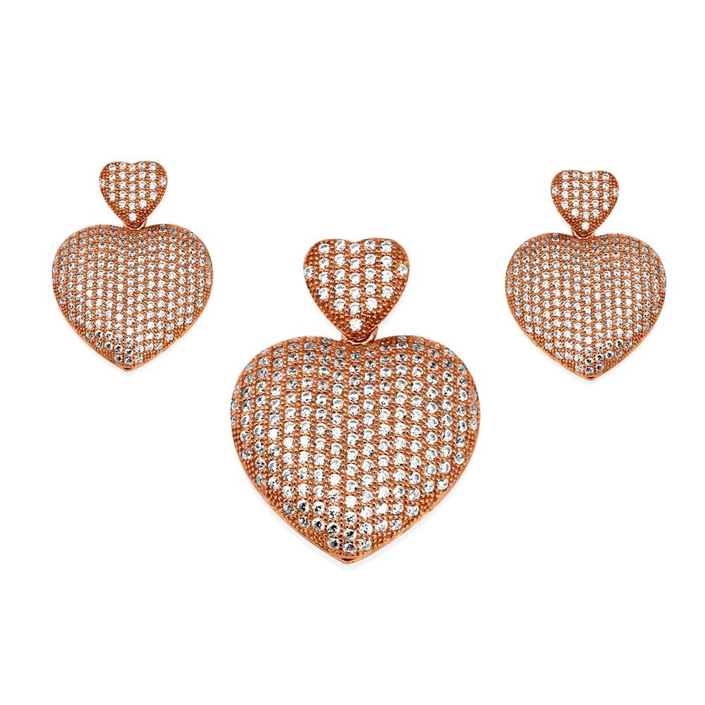 Sterling Silver Rose Gold Plated Clear Micro Pave Heart CZ Dangling Stud Earring and Dangling Necklace Set