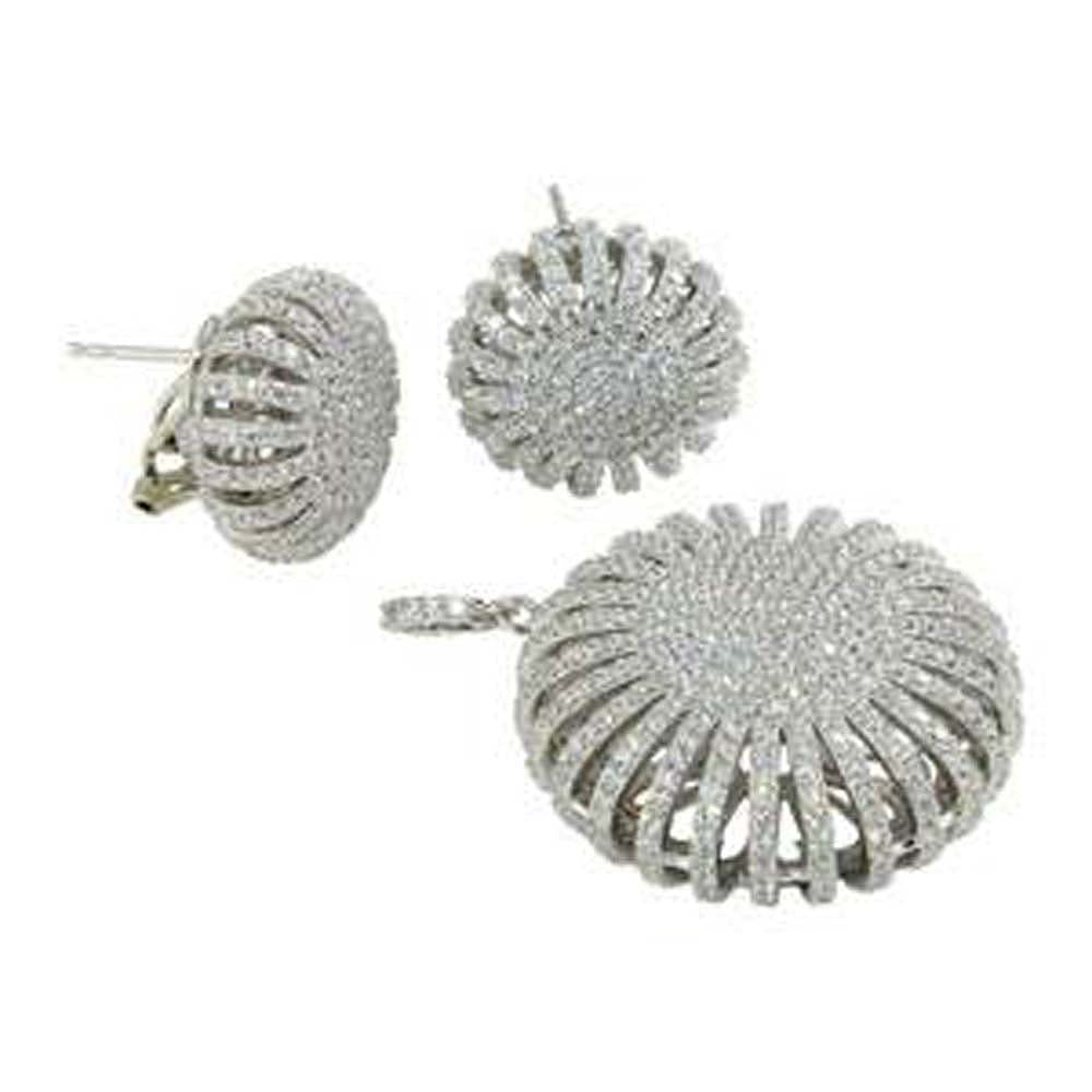 Sterling Silver Rhodium Plated Clear Micro Pave Puff Sun CZ Stud Earring and Dangling Necklace Set
