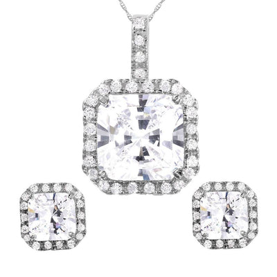 Sterling Silver Rhodium Plated Square Clear CZ Set