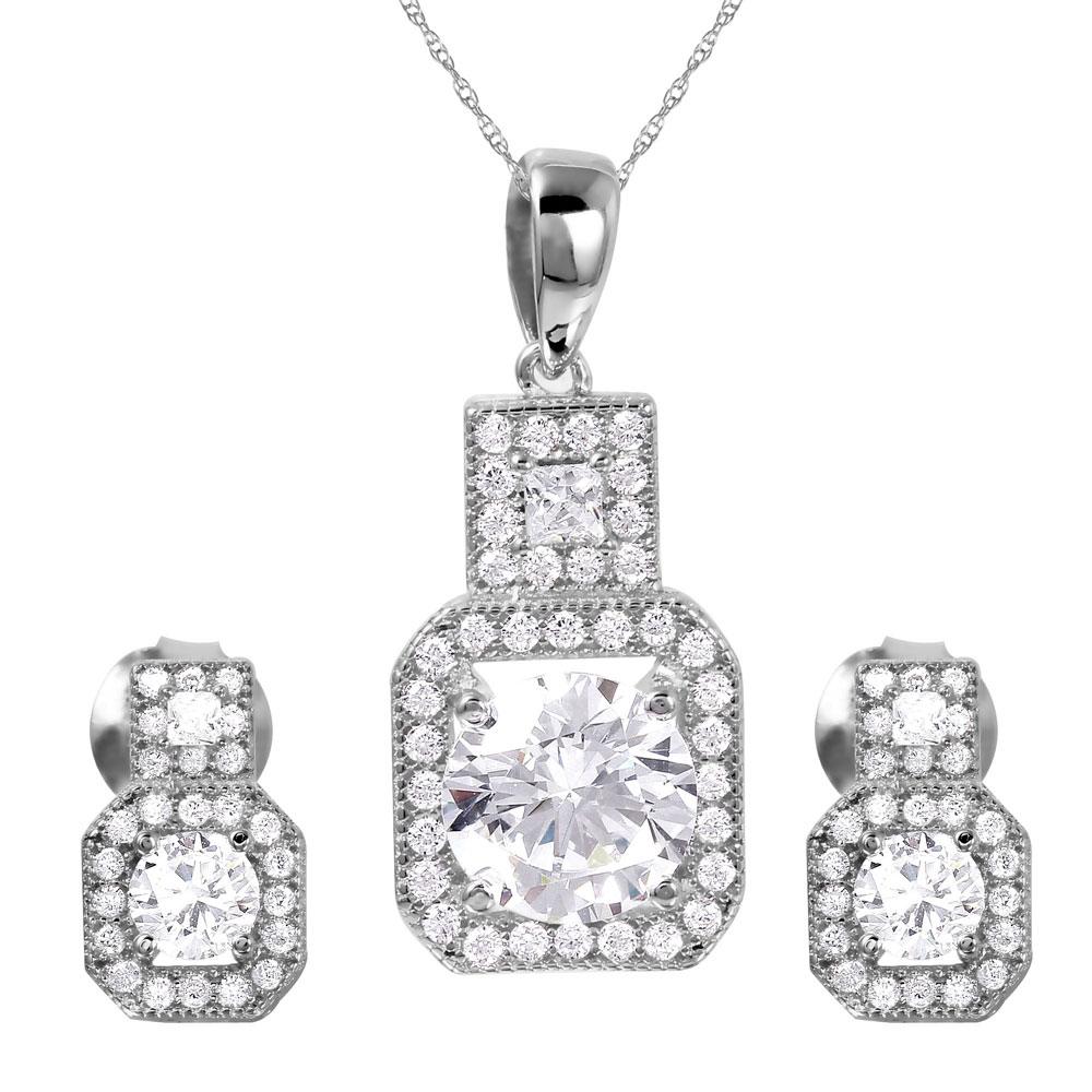 Sterling Silver Rhodium Plated Thick Square Clear CZ Set