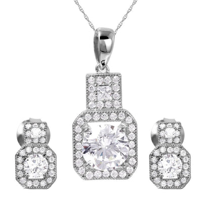 Sterling Silver Rhodium Plated Thick Square Clear CZ Set