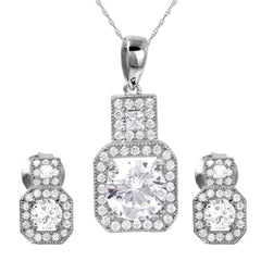 Sterling Silver Rhodium Plated Thick Square Clear CZ Set