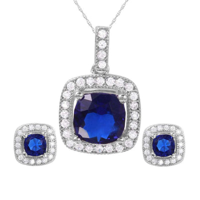 Sterling Silver Rhodium Plated Blue Square CZ Set