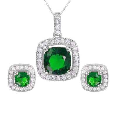Sterling Silver Rhodium Plated Green Square CZ Set