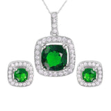 Sterling Silver Rhodium Plated Green Square CZ Set