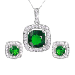 Sterling Silver Rhodium Plated Green Square CZ Set