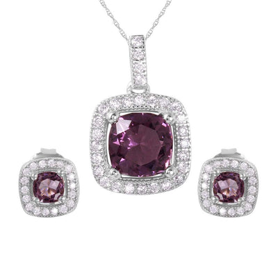 Sterling Silver Rhodium Plated Purple Square CZ Set