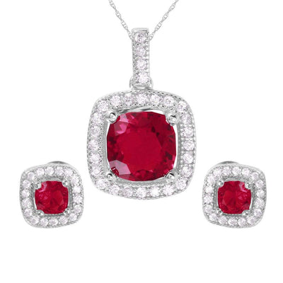 Sterling Silver Rhodium Plated Red Square CZ Set
