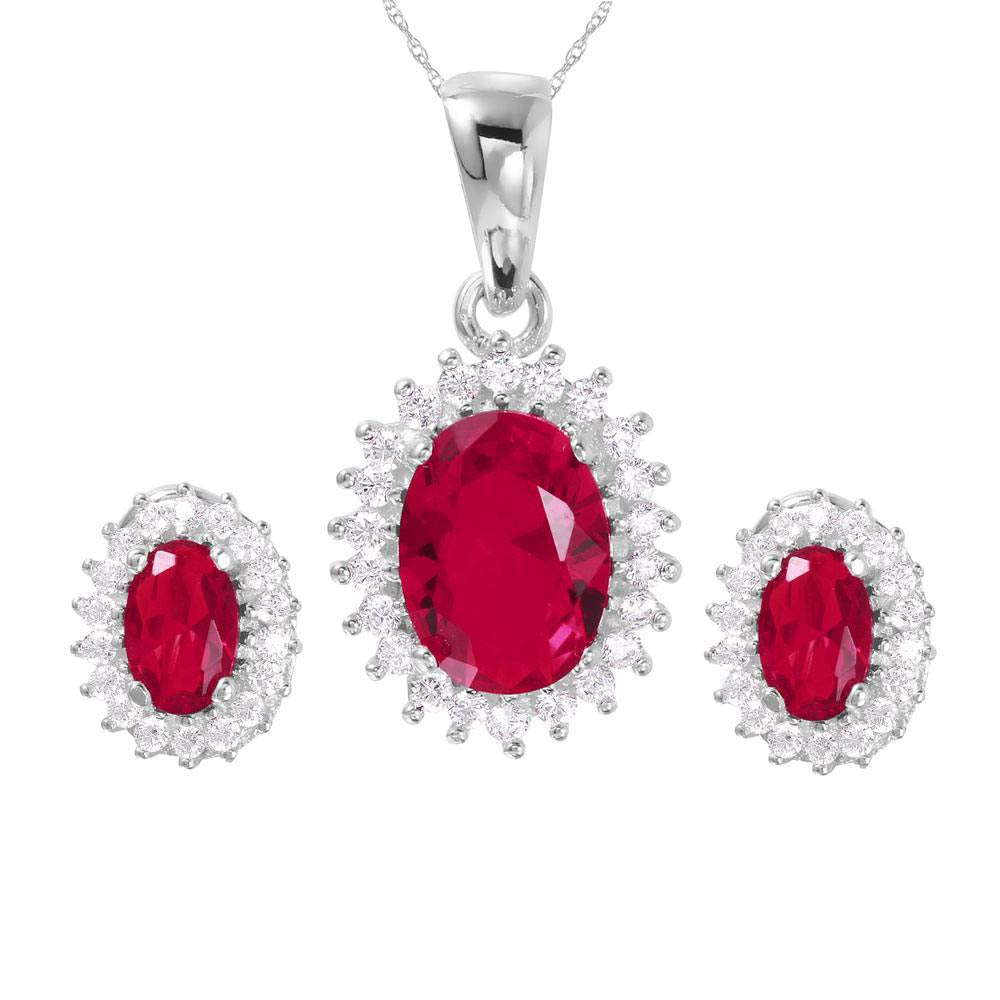 Sterling Silver Rhodium Plated Red Radial Burst CZ Set