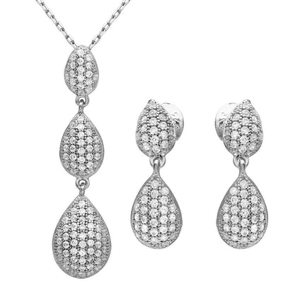 Sterling Silver Rhodium Plated CZ Encrusted Teardrop Set
