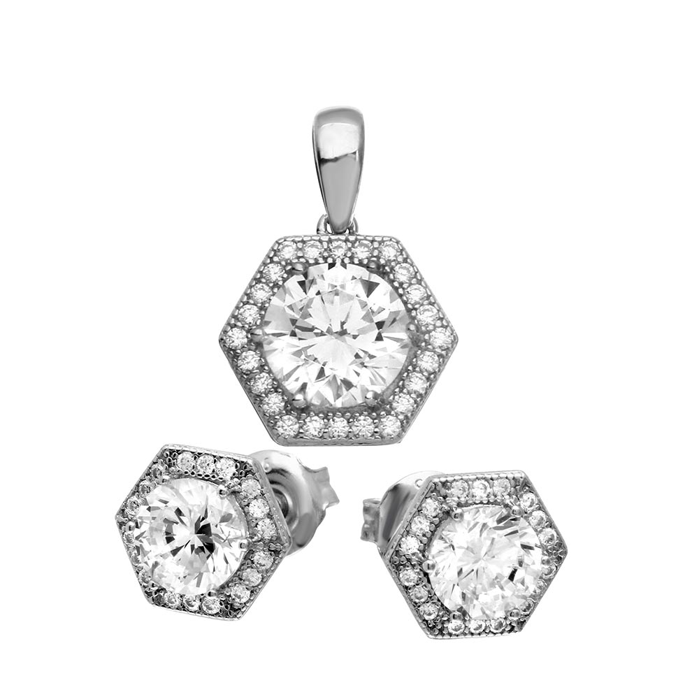 Sterling Silver Rhodium Plated 6 Sized Halo Pendant And Earrings Set