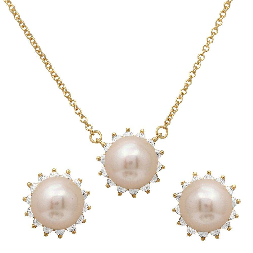 Sterling Silver Gold Plated CZ Halo Fresh Water Center Pearl Set With CZ  Stones