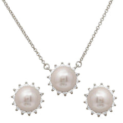 Sterling Silver Rhodium Plated CZ Halo Fresh Water Center Pearl Set With CZ  Stones
