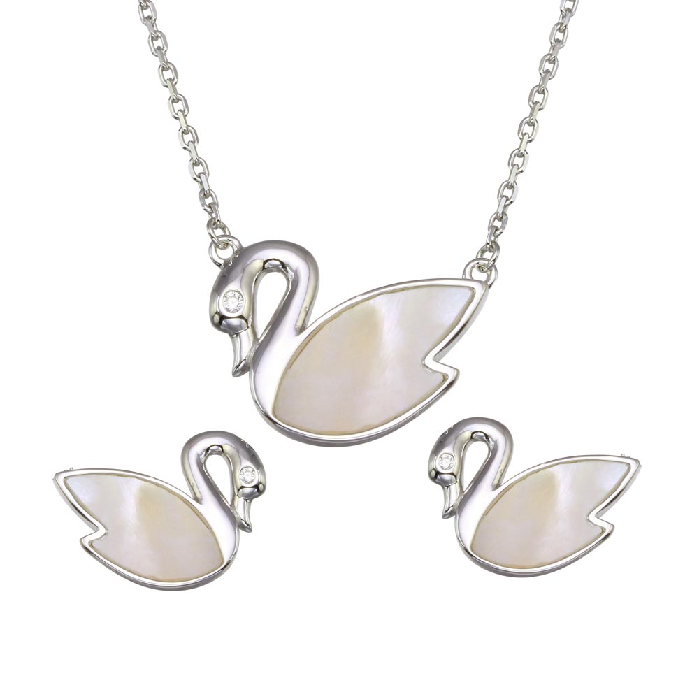 Sterling Silver Rhodium Plated Synthetic MOP Swan Set