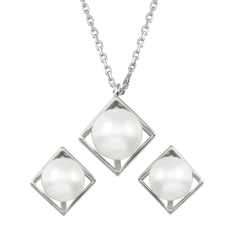 Sterling Silver Boxed Synthetic Pearl with CZ Set