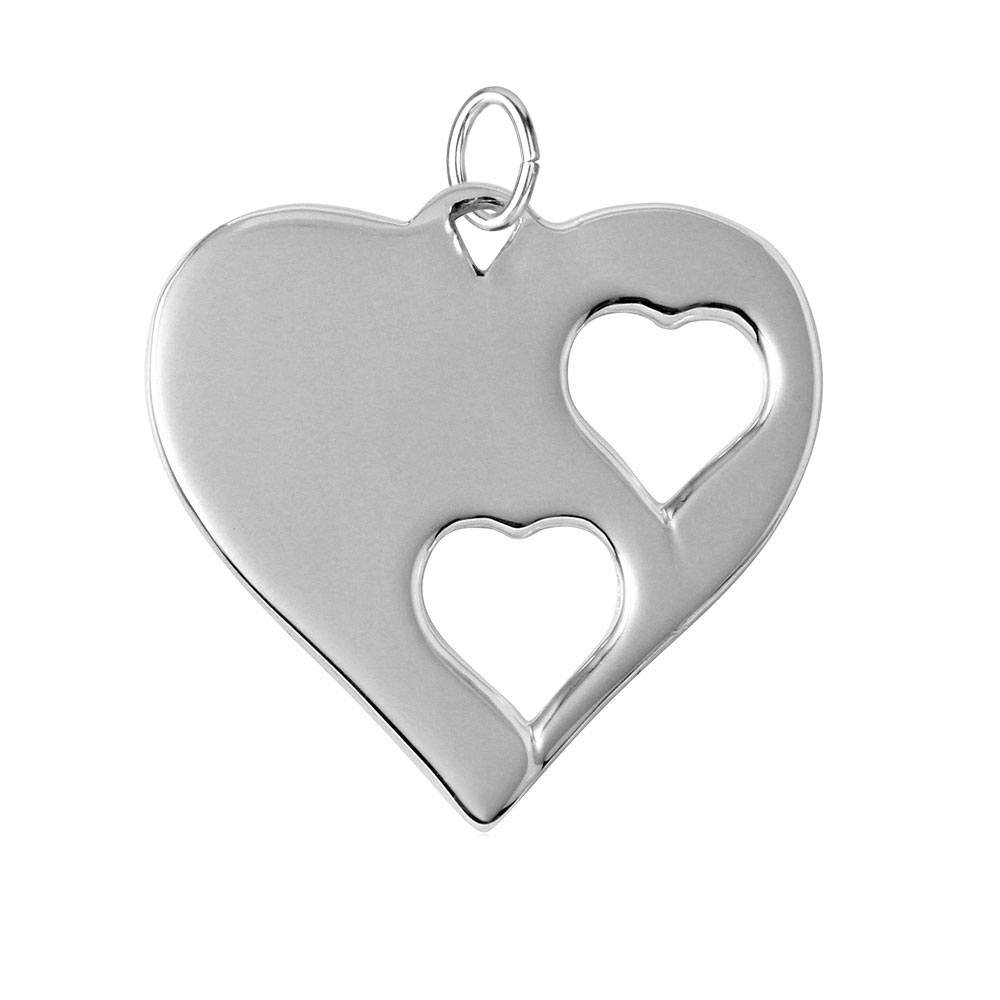 Sterling Silver Rhodium Plated Heart Charm With 2 Cut Out Inner Hearts Pendant