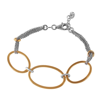 Sterling Silver Rhodium Plated Italian Bracelet With Three Gold Plated Oval Accents