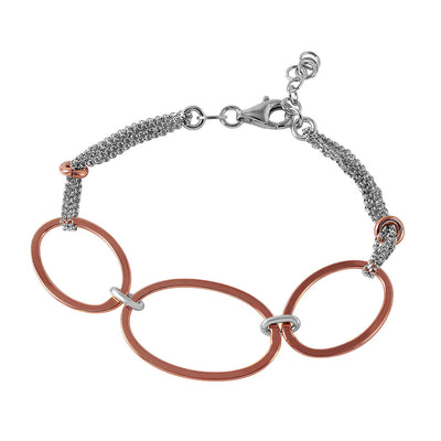 Sterling Silver Rhodium Plated Italian Bracelet With Three Rose Gold Plated Oval Accents