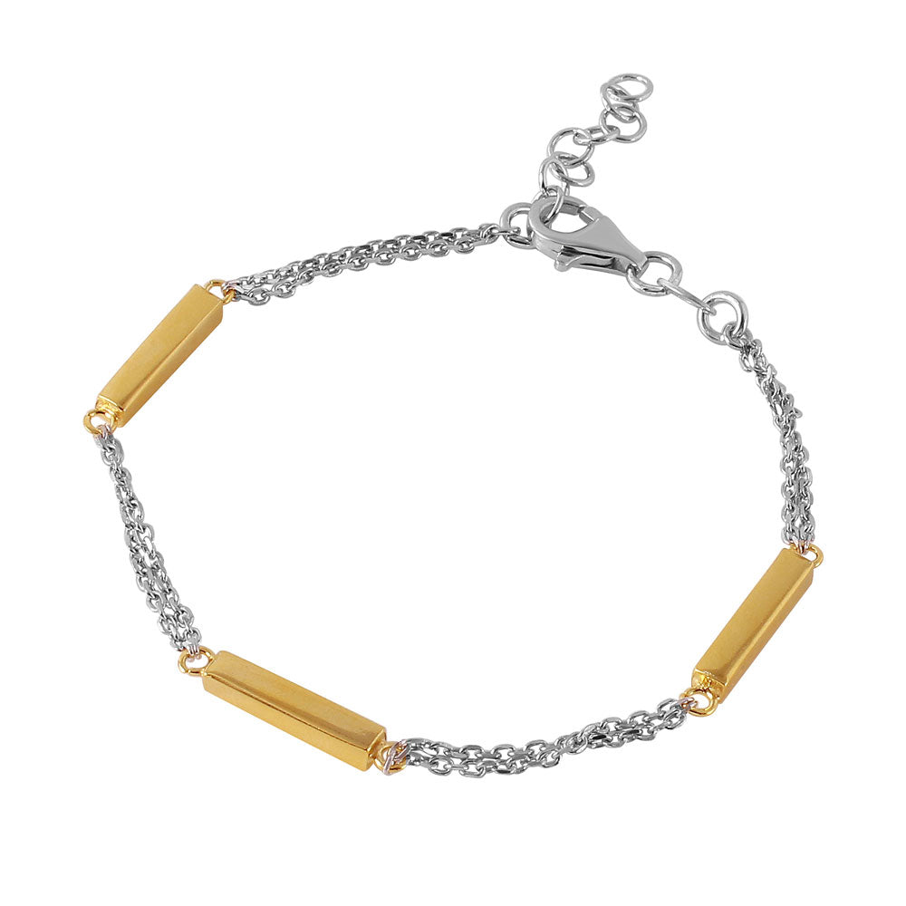 Sterling Silver Rhodium Plated Chain With Three Gold Plated Bars Italian Bracelet