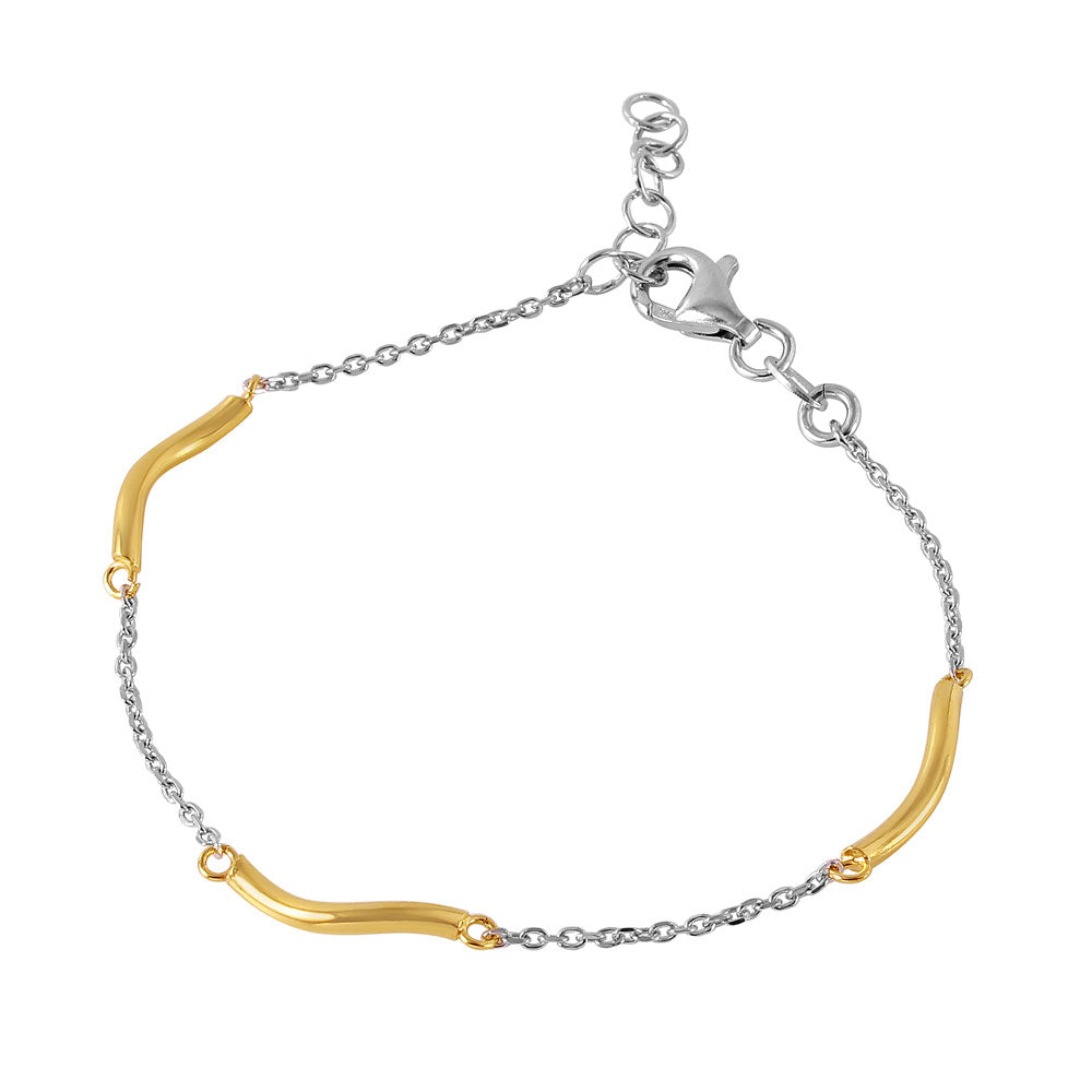 Sterling Silver Rhodium Plated Chain With Gold Plated Curved Accents Italian Bracelet