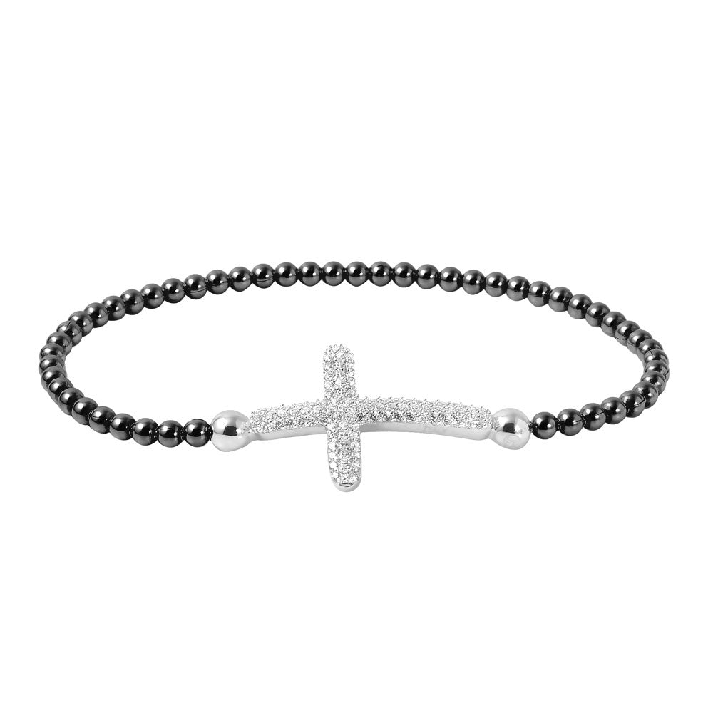 Sterling Silver Black Rhodium Plated Beaded Italian Bracelet With CZ Encrusted Cross