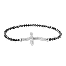 Load image into Gallery viewer, Sterling Silver Black Rhodium Plated Beaded Italian Bracelet With CZ Encrusted Cross