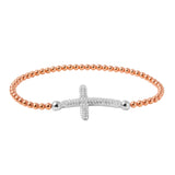 Sterling Silver Rose Gold Plated Beaded Italian Bracelet With CZ Encrusted Cross
