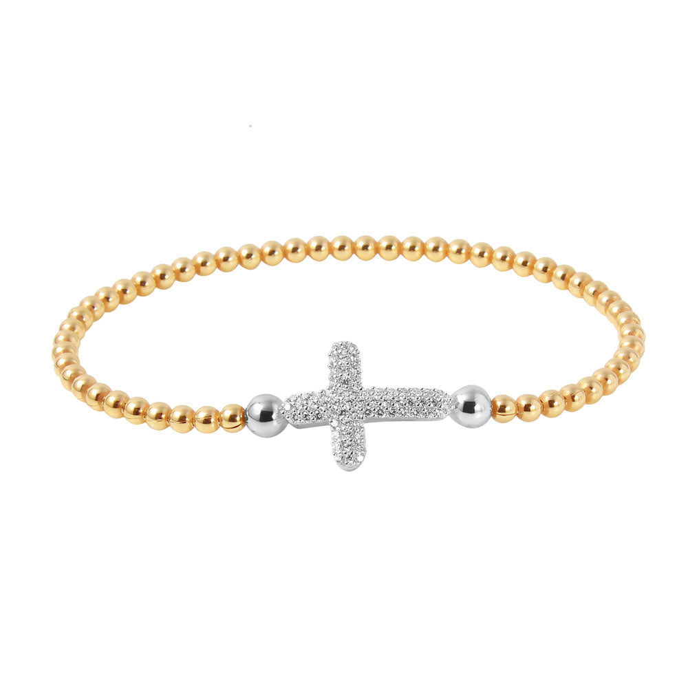 Sterling Silver Gold Plated Beaded Italian Bracelet With CZ Encrusted Cross