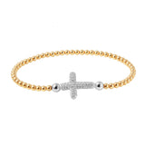 Sterling Silver Gold Plated Beaded Italian Bracelet With CZ Encrusted Cross