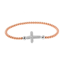 Load image into Gallery viewer, Sterling Silver Rose Gold Plated Beaded Italian Bracelet With CZ Encrusted Cross