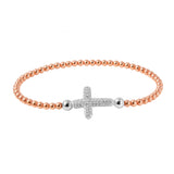 Sterling Silver Rose Gold Plated Beaded Italian Bracelet With CZ Encrusted Cross