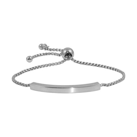 Sterling Silver Rhodium Round Box Chain ID Bar Bracelet