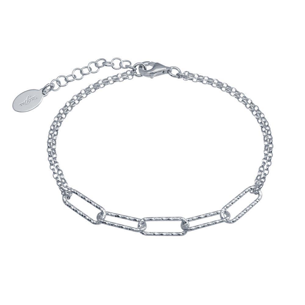 Sterling Silver Rhodium Plated Diamond Cut Link Chain Bracelet - silverdepot