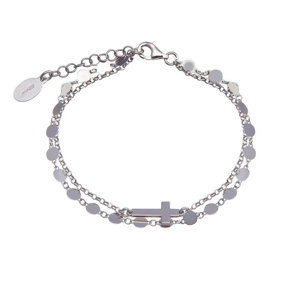 Sterling Silver Rhodium Plated Disc Cross Link Chain Bracelet - silverdepot