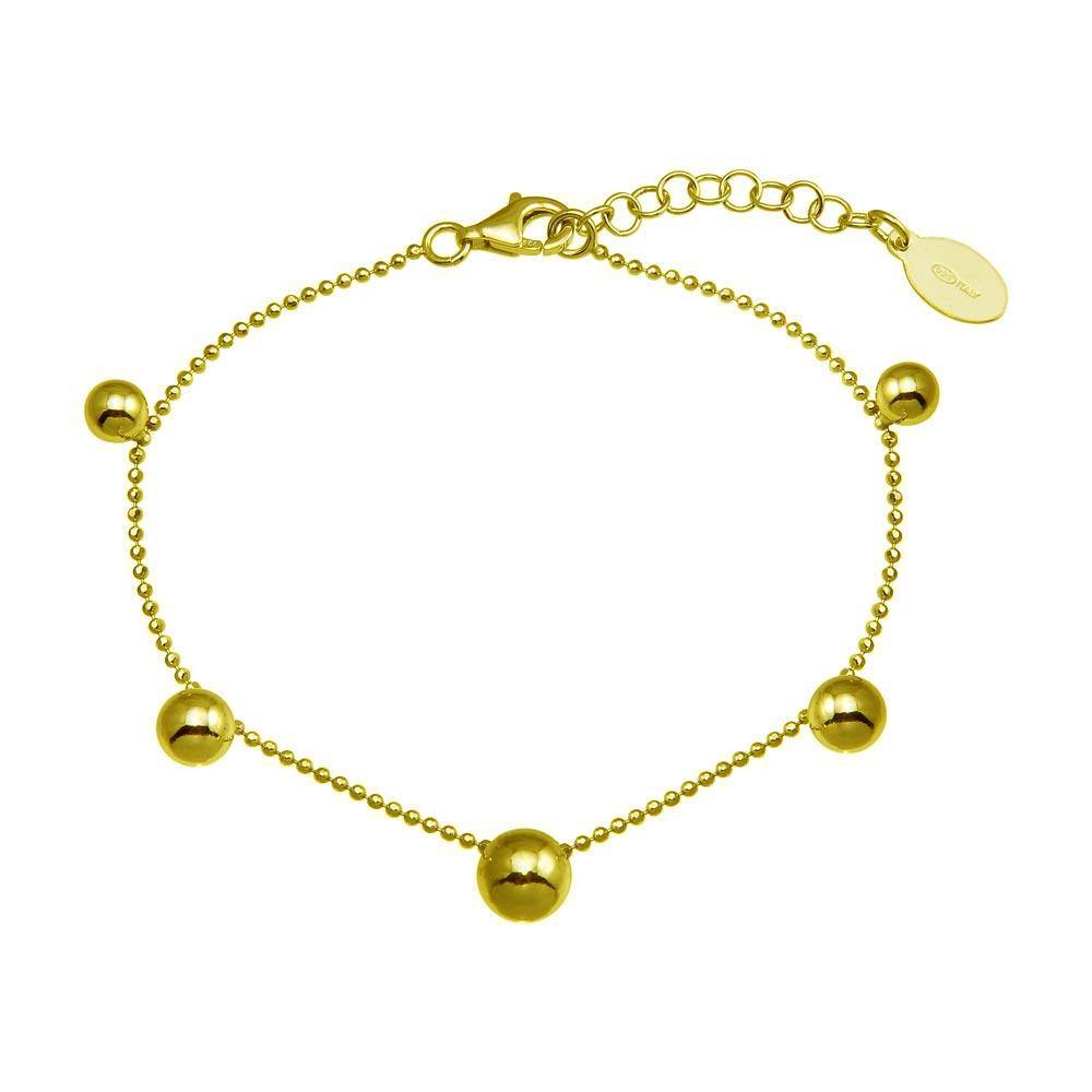 Sterling Silver Gold Plated 5 Bead Charm Bead Link Chain Bracelet - silverdepot