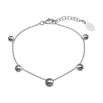 Sterling Silver Rhodium Plated 5 Bead Charm Bead Link Chain Bracelet - silverdepot