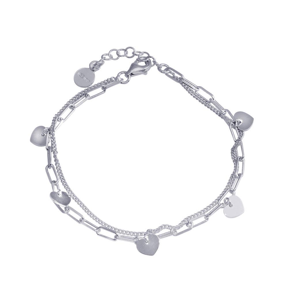 Sterling Silver Rhodium Plated 5 Hearts Chain Bracelet