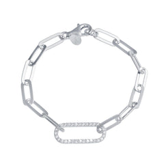 Sterling Silver Rhodium Plated Paperclip CZ Chain Bracelet